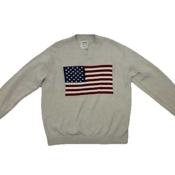 Hollister Relaxed American Flag Sweater Cream Medium Cotton EXCELLENT 🇺🇸 - Picture 4 of 11